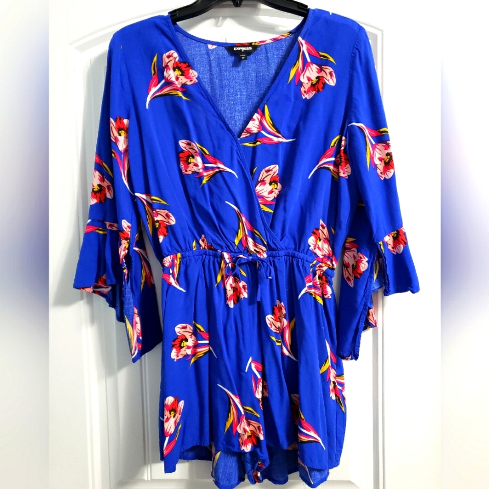 Royal Blue Floral 3/4 Sleeve Romper
